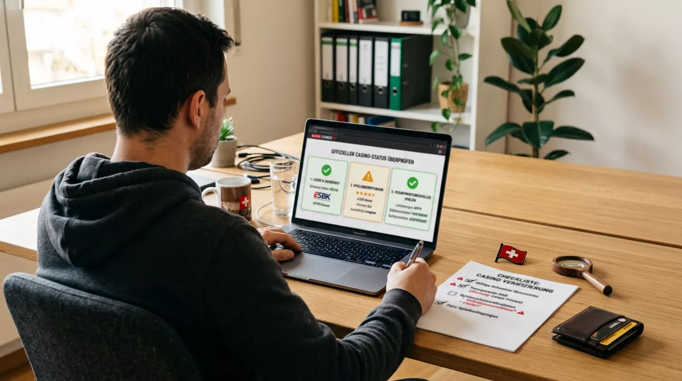 Person prüft den Schweizer Status eines Online-Casinos mit einer strukturierten Checkliste